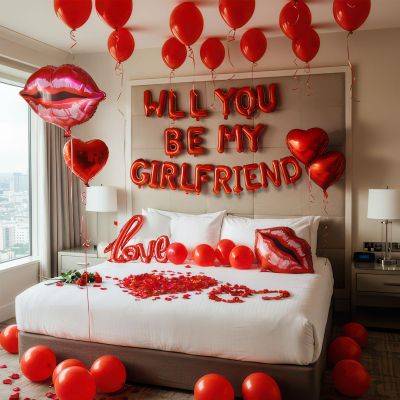 16 Inches Red 'WILL YOU BE MY GIRLFRIEND' Confession Letter Balloons with Heart-Shape, lips, love Foil Balloons and Rose Petals for Romantic Special Night Decorations and Valentines Day