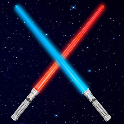 SYNCFUN 2 Pack 7 Colors Light Up Swords for Kids, Dual Extendable LED Swords Set with FX Sound (Motion Sensitive) and Sliver Handle for Fighters and Warriors, Halloween Birthday Party Gift for Boys