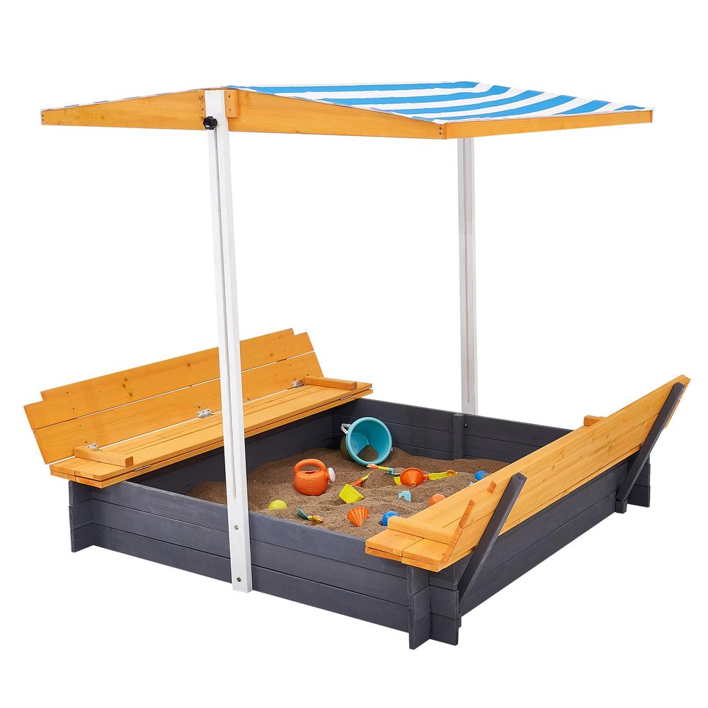 Happybuy Wooden Sandbox with Canopy, 57.3 x 47.2 x 47.2 in Sand Box, Sand Pit with Foldable Bench Seats and Bottom Liner, Natural Wood Kids Sandbox, Gift for Ages 3-12