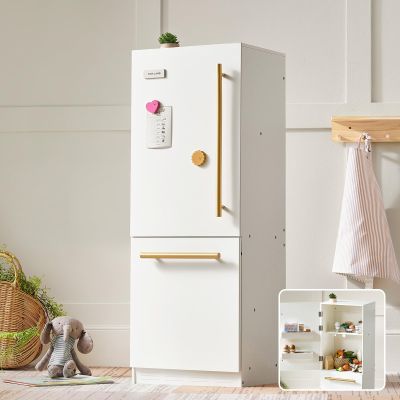 Tiny Land Wooden Toy Fridge with Spacious Storage, Realistic Play Kitchen Refrigerator for Kids Pretend Play with Three Freezer Magnets