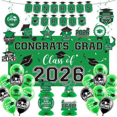 2026 Graduation Decorations Set- Class of 2026 Grad Party Decorations, Congrats Grad Banner, Backdrop, Grad Hanging Swirl, Balloons and Honeycomb Table Toppers, Graduation Party Supplies