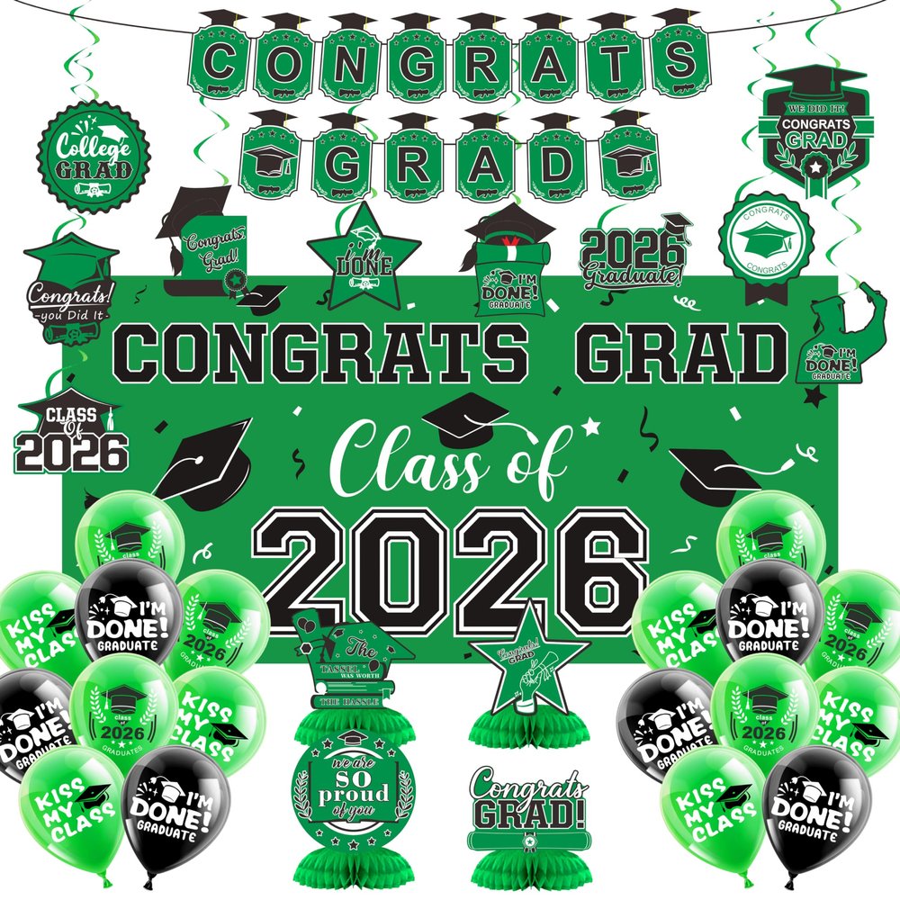 2026 Graduation Decorations Set- Class of 2026 Grad Party Decorations, Congrats Grad Banner, Backdrop, Grad Hanging Swirl, Balloons and Honeycomb Table Toppers, Graduation Party Supplies