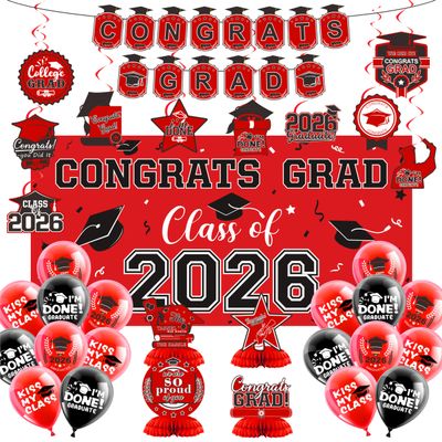2026 Graduation Decorations Set- Class of 2026 Grad Party Decorations, Congrats Grad Banner, Backdrop, Grad Hanging Swirl, Balloons and Honeycomb Table Toppers, Graduation Party Supplies