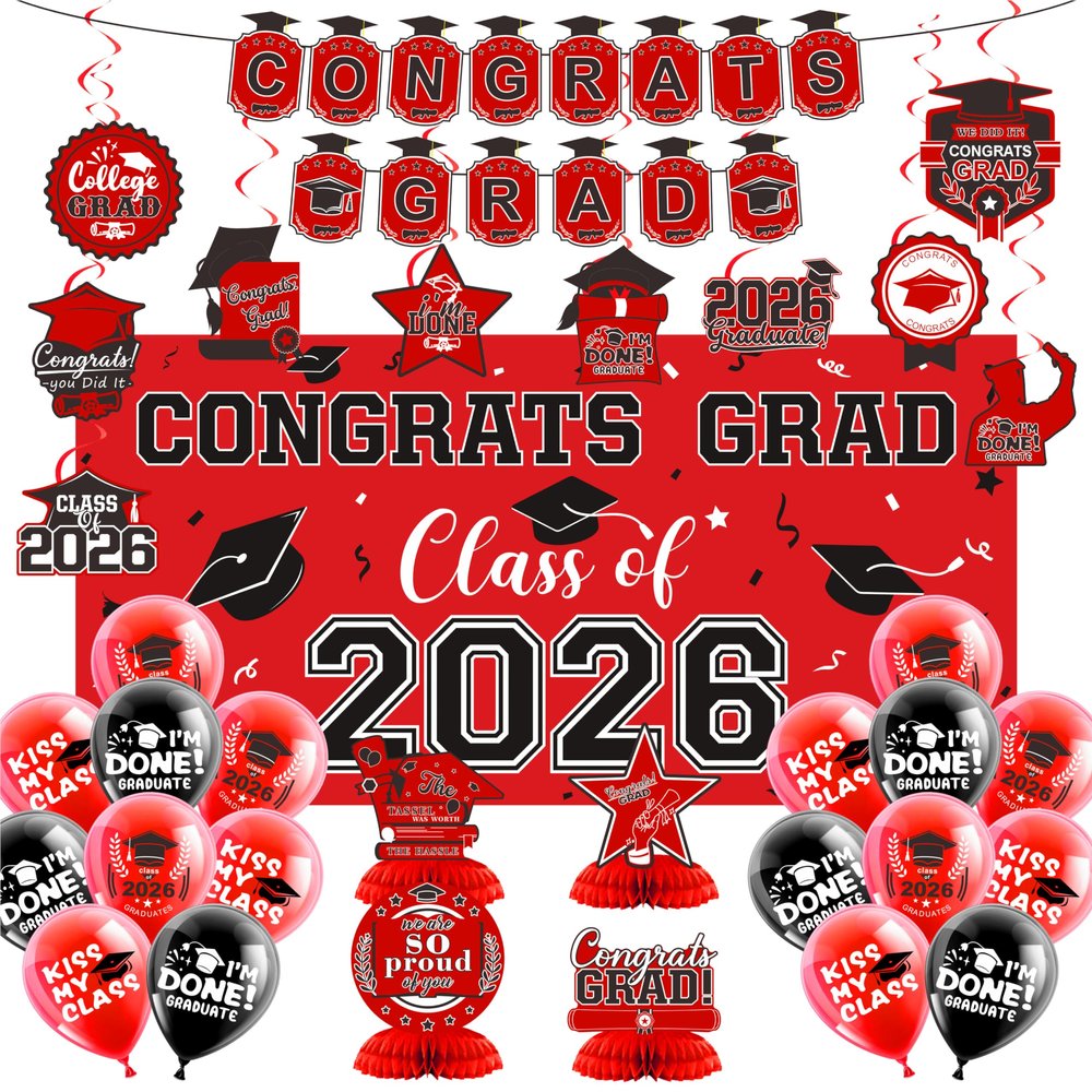 2026 Graduation Decorations Set- Class of 2026 Grad Party Decorations, Congrats Grad Banner, Backdrop, Grad Hanging Swirl, Balloons and Honeycomb Table Toppers, Graduation Party Supplies