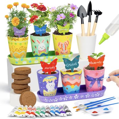 RGBDOT Kids Gardening Set Paint and Plant Stoneware Flower Growing Kit with 6 Pots and Gardening Tools Arts and Crafts for Kids Ages 8-12 Best Childrens Day Gift for Girls Boys Ages 5 6 7 8 9 10