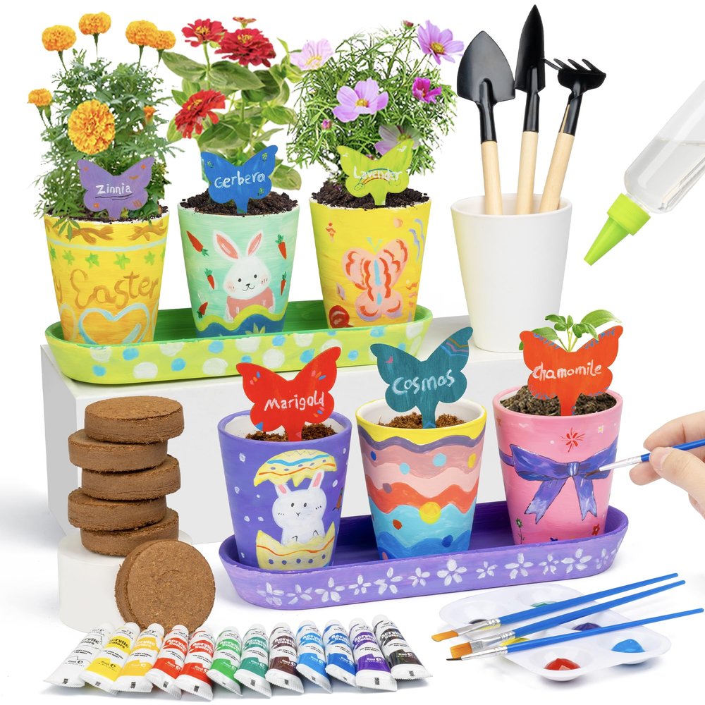 RGBDOT Kids Gardening Set Paint and Plant Stoneware Flower Growing Kit with 6 Pots and Gardening Tools Arts and Crafts for Kids Ages 8-12 Best Childrens Day Gift for Girls Boys Ages 5 6 7 8 9 10