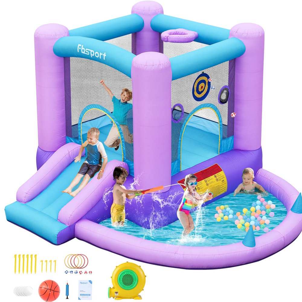 FBSPORT Inflatable Bounce House, Kids Bounce Castle Slide for Indoor Outdoor,Toddler Baby Jumper Bouncer, Kids Jumping Bouncy House with Blower, Ball Pit Pool, Basketball Hoop, Dart Game, Blue