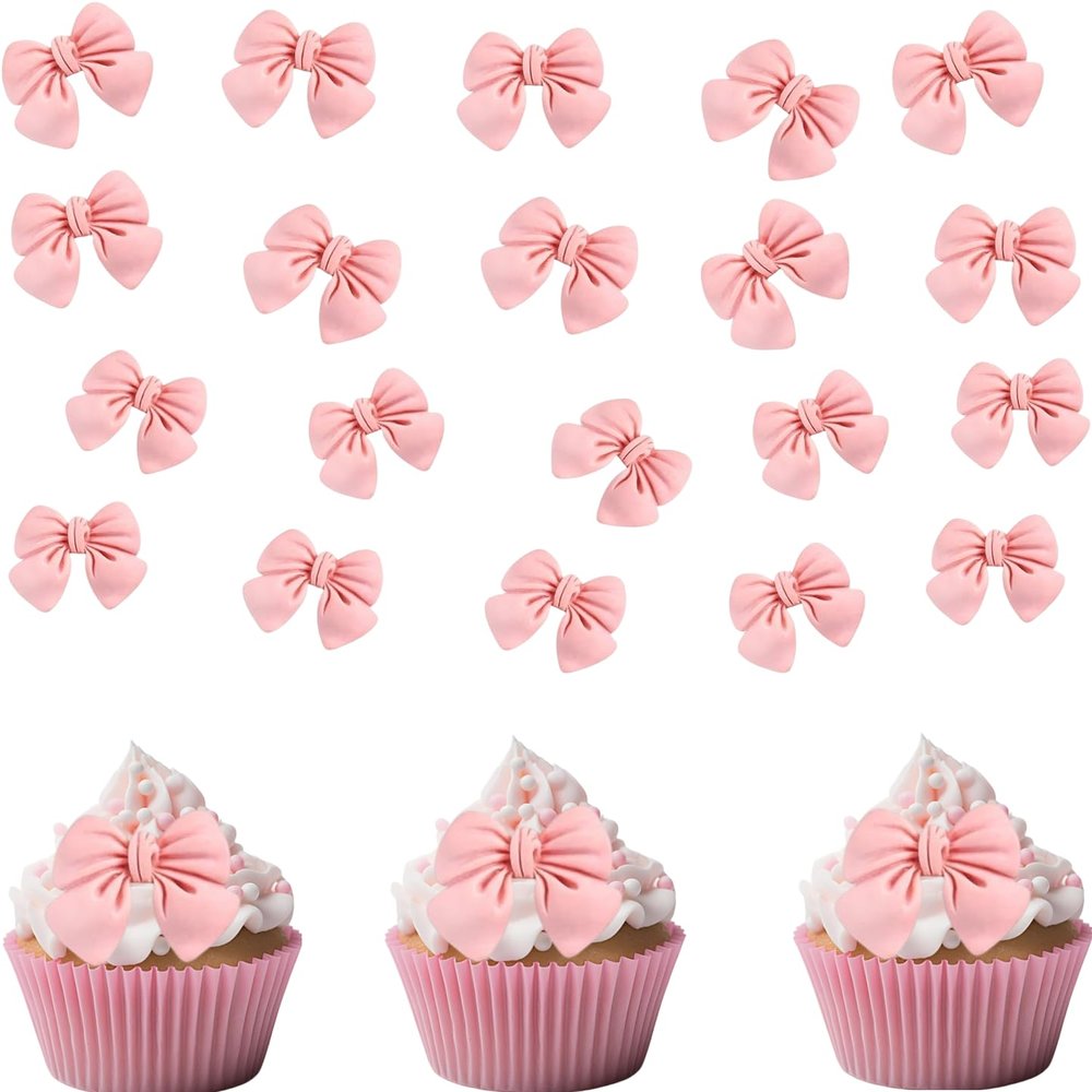 20 Pcs Bowknot Cupcake Toppers Glitter Pink Bow Cake Picks Bridal Engagement Wedding Baby Shower Birthday Party Theme Decoration Supplies (pink-1)