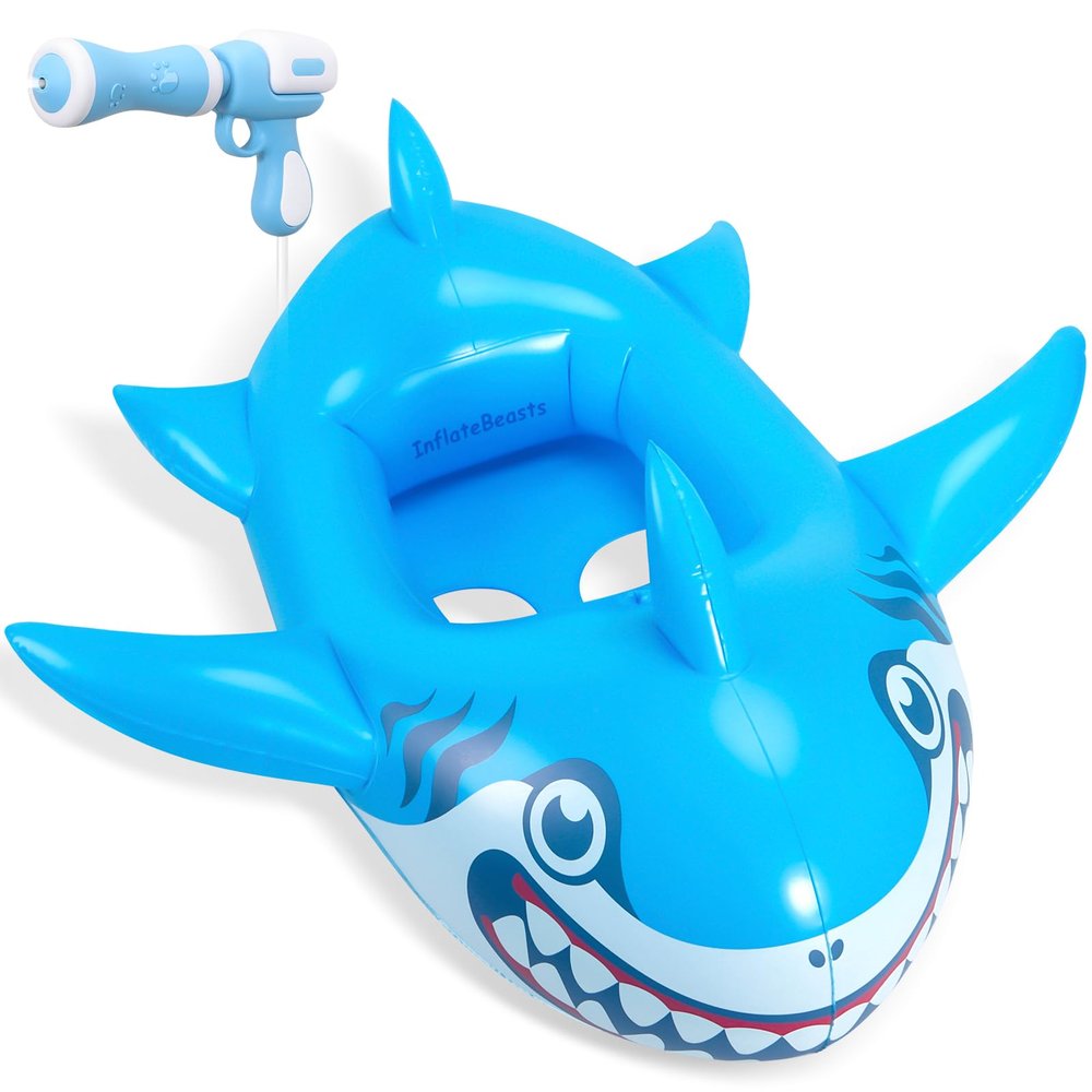 Pool Float Kids with Water Gun - Inflatable Shark Toddler Pool Floaties, Pool Toys for Kids Ages 3-10, Swimming Floats with Water Cannon for Lake Beach Pool Party (Blue Shark)