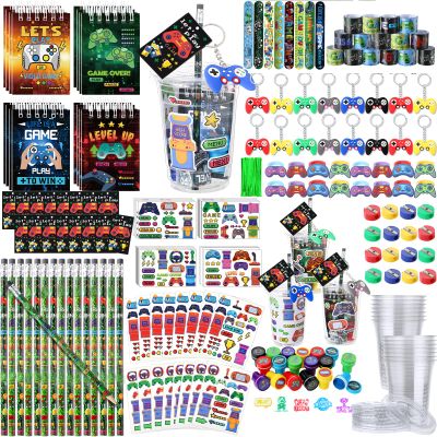RoundFunny 133 Pcs Video Game Party Favors Gamer Birthday Party Decorations Gamer Cups Notebook Pencils Sharpener Keychain Slap Bracelets Ring Stamp Sticker for Gaming Supplies Reward Gift