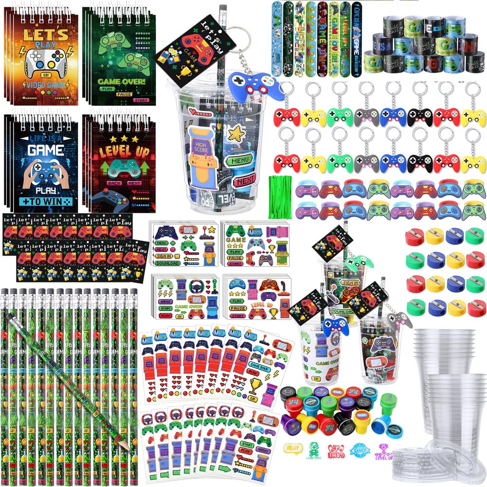 RoundFunny 133 Pcs Video Game Party Favors Gamer Birthday Party Decorations Gamer Cups Notebook Pencils Sharpener Keychain Slap Bracelets Ring Stamp Sticker for Gaming Supplies Reward Gift