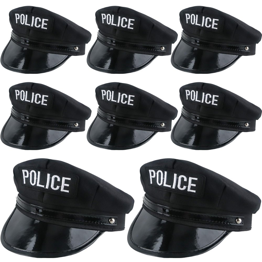 SGBETTER 8 Pack Kids Police Hats Black Policeman Cop Hat Police Officer Hat for Boys Girls Halloween Party Costume Accessories (Black-Set-1)