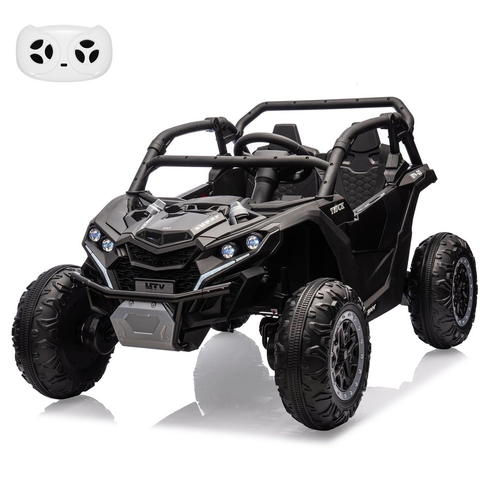 24V Ride On Car for Kids, 2 Seater Powered Electric Off-Road UTV Toy,4WD Electric Vehicle with Remote Control,LED Lights,Four-Wheel Shock Absorption,3 Speeds,Horn, Music(Black)