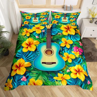 Guitar Musical Duvet Cover Toddler Size Tropical Blooming Floral Bedding Set 2pcs Music Lover Comforter Cover for Kids Bedroom Decor Nature Palm Leaves Quilt Cover,1 Pillowcase(Not Comforter)