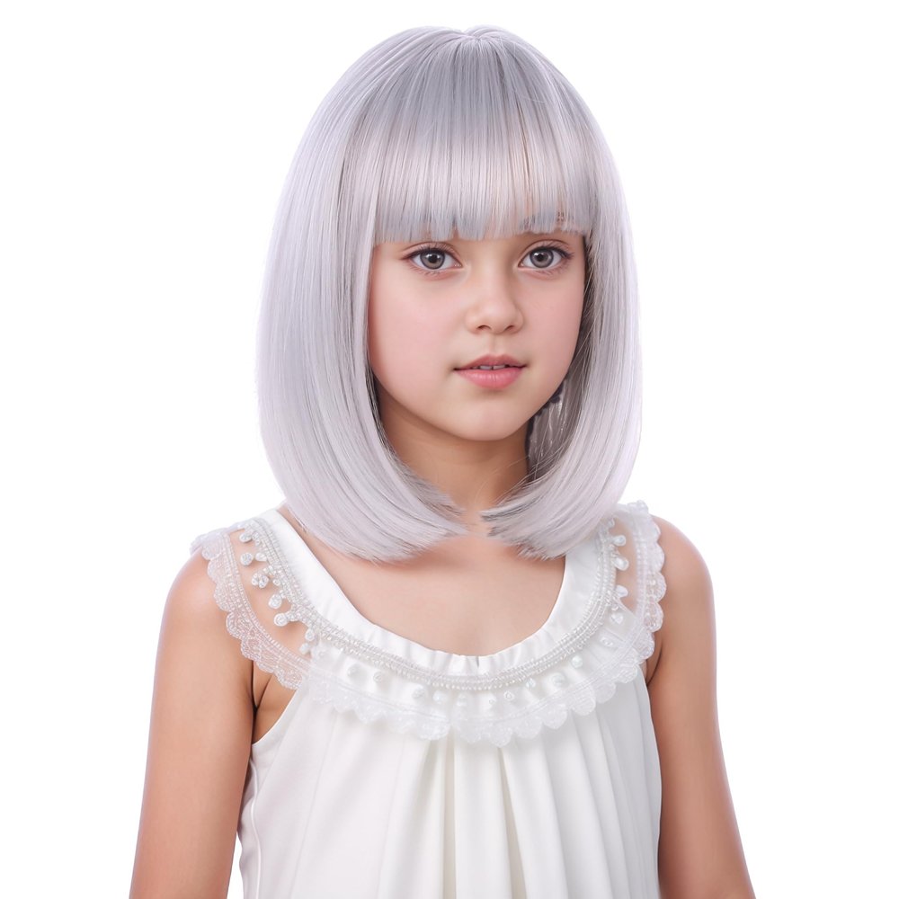 DUDUWIG Silver Grey Wig Short Silver Gray Straight Wig Silver Gray Wigs with Bangs Hairnet Include (Small Size)