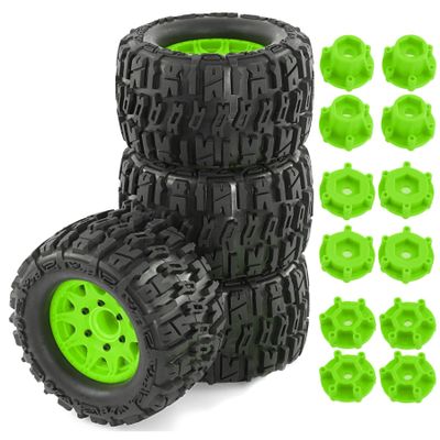 4PCS Rubber Big-Foot Wheels Tires 125x70mm with Replaceable 12mm 14mm Hex Adapter RC Parts for 1/10 TRAXXAS ARRMA FS MJX ZD Racing RLAARLO RC Car (Green)