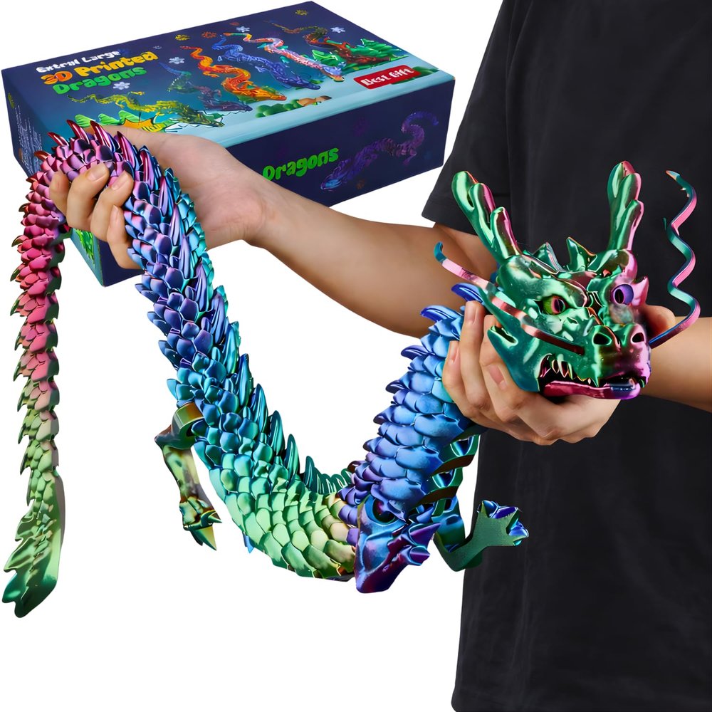 Joyroud 35.4'' Extra Large 3D Printed Dragon Toy, Fully Articulated Giant Chinese Dragon Fidget, Collectible Office Desk Decor, Surprise Stress Relief Gifts for Kids & Adults (Green Gradient)