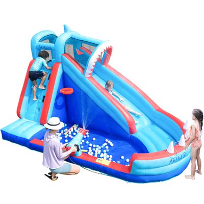 AirMyFun Bounce House, Sharks Theme Inflatable Bouncy House with Slide, Kids Bounce House Water Park with Slides Bouncer Castle with Splash Pool, Climbing Wall, Ball Shooting