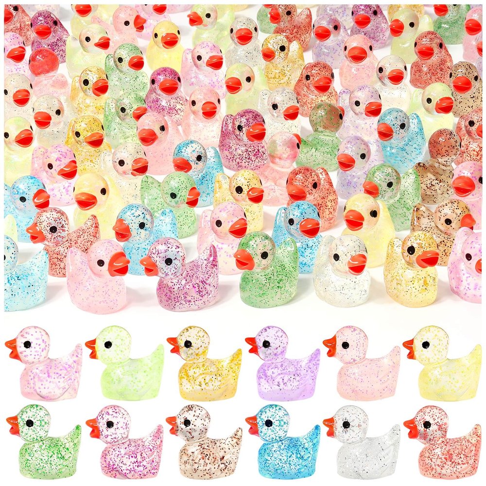 100 PCS Mini Glitter Ducks, Tiny Resin Ducks Plastic Animal Figures for Dollhouse, Garden, Micro Landscape, Home Outdoor Party, Aquarium Decor