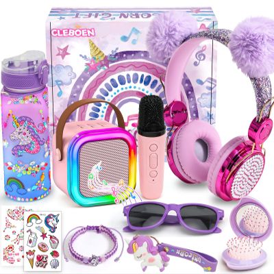 Cleboen Unicorn Gift for Girls Toys with Kids Karaoke/Microphone/Headphone/DIY Water Bottle/Keychain/Bracelet/Comb, Christmas Birthday Gifts for Girls 3 4 5 6 7 8 9 10+ Year Old Girl Gift Unicorn Toys