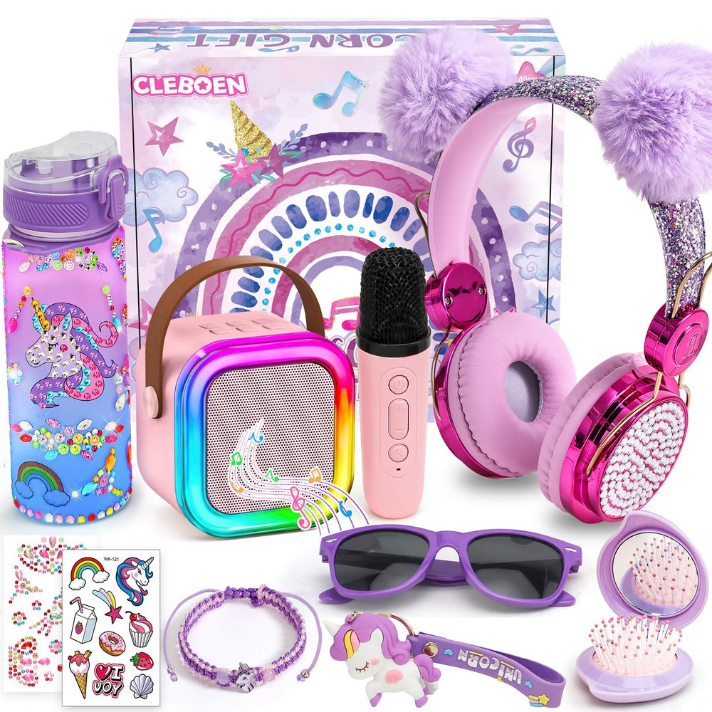 Cleboen Unicorn Gift for Girls Toys with Kids Karaoke/Microphone/Headphone/DIY Water Bottle/Keychain/Bracelet/Comb, Christmas Birthday Gifts for Girls 3 4 5 6 7 8 9 10+ Year Old Girl Gift Unicorn Toys