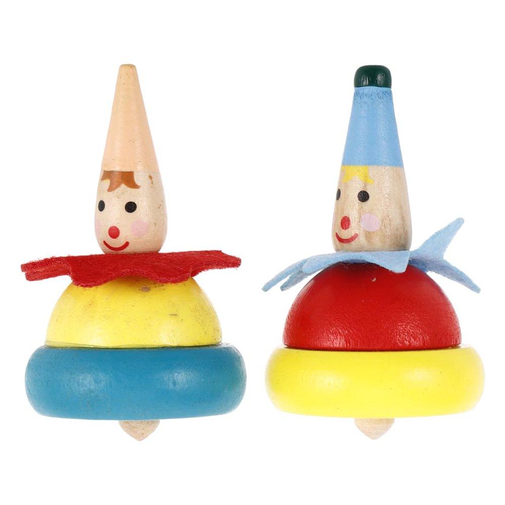 Garneck Pack of 2 Wooden Spinning Tops for 1 Year and Above - Colourful Clown Humming Spinning Top as Educational for Nursery and Home