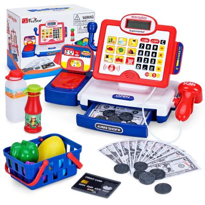 FS Toy Cash Register for Kids with Scanner, Play Money, Credit Card, Shopping Basket, Pretend Play Toys for Toddler 3-5-7 Years Old Boys and Girls Preschool Learning Activities, 57 Pieces Play Set