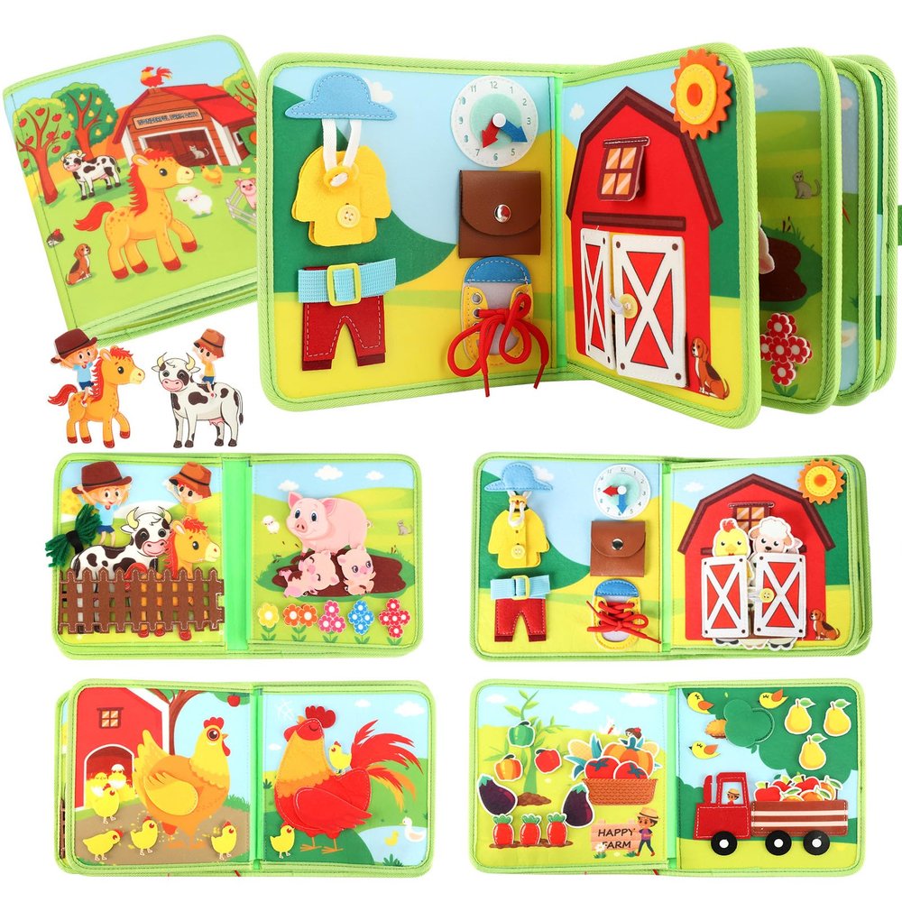 Kyteazr Busy Book for Toddlers 1-3, 25 in 1 Farm Busy Board Montessori Toys for Travel, Birthday Gifts for Boys and Girls, Learning Activity Book for Fine Motor Skills