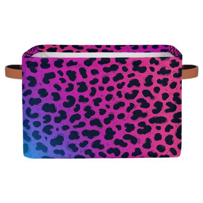 HSYOYO Leopard Print Neon Storage Basket with Handles Collapsible Storage Bins Rectangular Toy Storage Organizer Box Fabric Shelf Baskets for Nursery Bedroom Bathroom 1PC