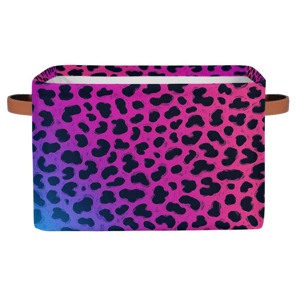 HSYOYO Leopard Print Neon Storage Basket with Handles Collapsible Storage Bins Rectangular Toy Storage Organizer Box Fabric Shelf Baskets for Nursery Bedroom Bathroom 1PC