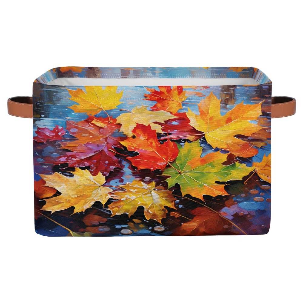 HSYOYO Autumn Maple Leaves Storage Basket with Handles Collapsible Storage Bins Rectangular Toy Storage Organizer Box Fabric Shelf Baskets for Nursery Bedroom Bathroom 1PC