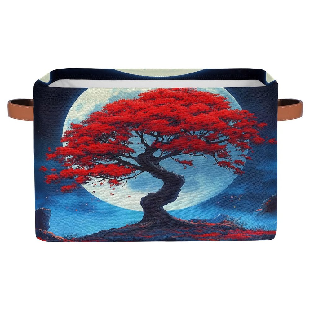 HSYOYO Japanese Red Tree Moon Storage Basket with Handles Collapsible Storage Bins Rectangular Toy Storage Organizer Box Fabric Shelf Baskets for Nursery Bedroom Bathroom 1PC