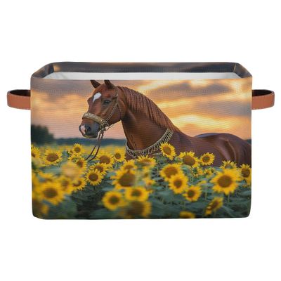 HSYOYO Beautiful Horse Sunflowers Storage Basket with Handles Collapsible Storage Bins Rectangular Toy Storage Organizer Box Fabric Shelf Baskets for Nursery Bedroom Bathroom 1PC