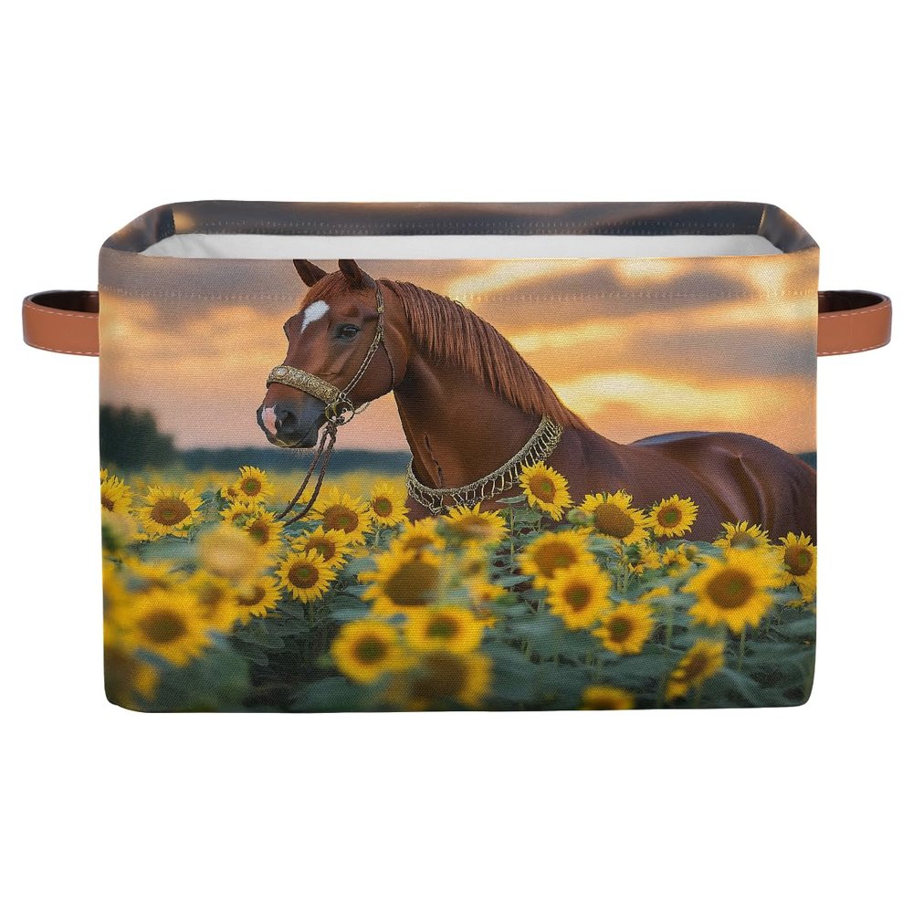 HSYOYO Beautiful Horse Sunflowers Storage Basket with Handles Collapsible Storage Bins Rectangular Toy Storage Organizer Box Fabric Shelf Baskets for Nursery Bedroom Bathroom 1PC