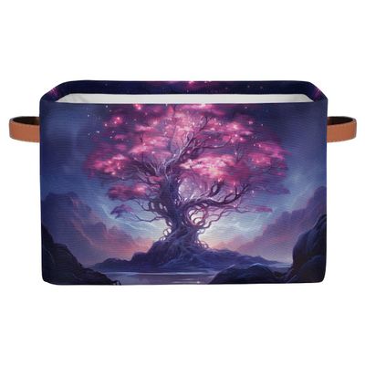 HSYOYO Magic Pink Tree Storage Basket with Handles Collapsible Storage Bins Rectangular Toy Storage Organizer Box Fabric Shelf Baskets for Nursery Bedroom Bathroom 1PC