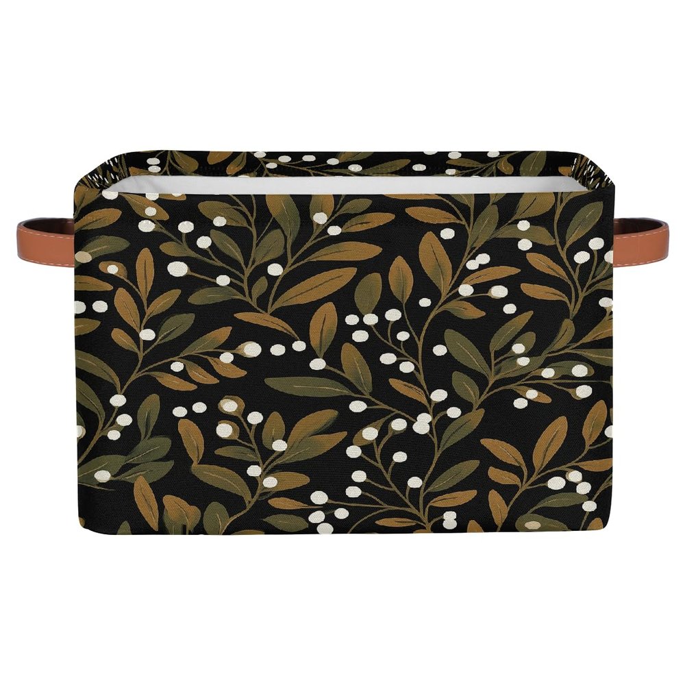 HSYOYO Dark Leaves Branch Storage Basket with Handles Collapsible Storage Bins Rectangular Toy Storage Organizer Box Fabric Shelf Baskets for Nursery Bedroom Bathroom 1PC