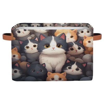 HSYOYO Cute Cartoon Cats Storage Basket with Handles Collapsible Storage Bins Rectangular Toy Storage Organizer Box Fabric Shelf Baskets for Nursery Bedroom Bathroom 1PC