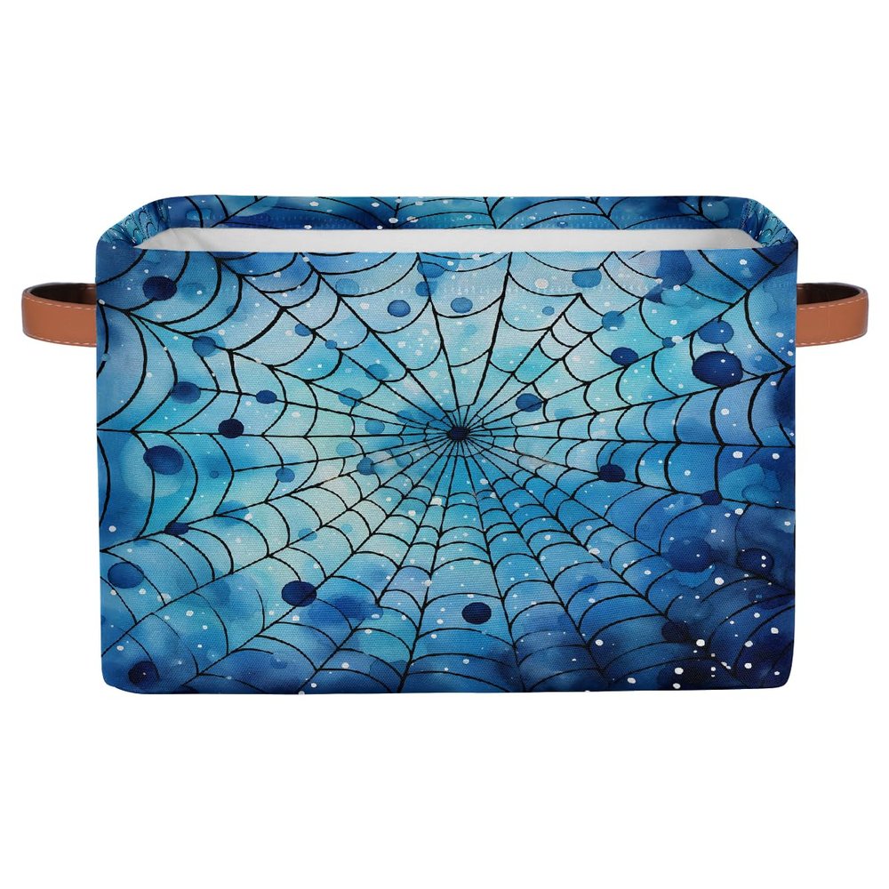 HSYOYO Blue Spider Web Storage Basket with Handles Collapsible Storage Bins Rectangular Toy Storage Organizer Box Fabric Shelf Baskets for Nursery Bedroom Bathroom 1PC