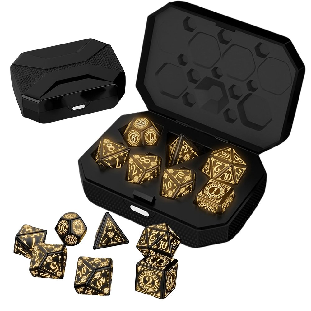 Altsuceser LED Light-up Dice Set, Cool LED DND Dice with Charging Box, Rechargeable Glowing Multi-Sides Dice Warm Glow Electric Dice, Polyhedral Role Playing Dice for DND Gifts RPG Black