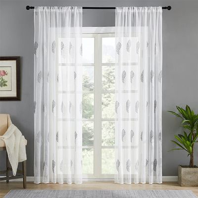 HooHero Voile Liner European Style Two-Color Leaves Pattern Embroidered Room Decor Sheer Curtains for Living Kids Room Patio Doorway