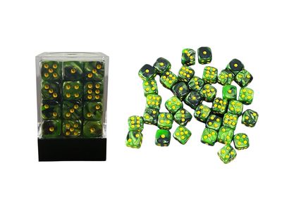 36 Dice Pack 12mm Black & Green w/Yellow Accents Rounded Edges