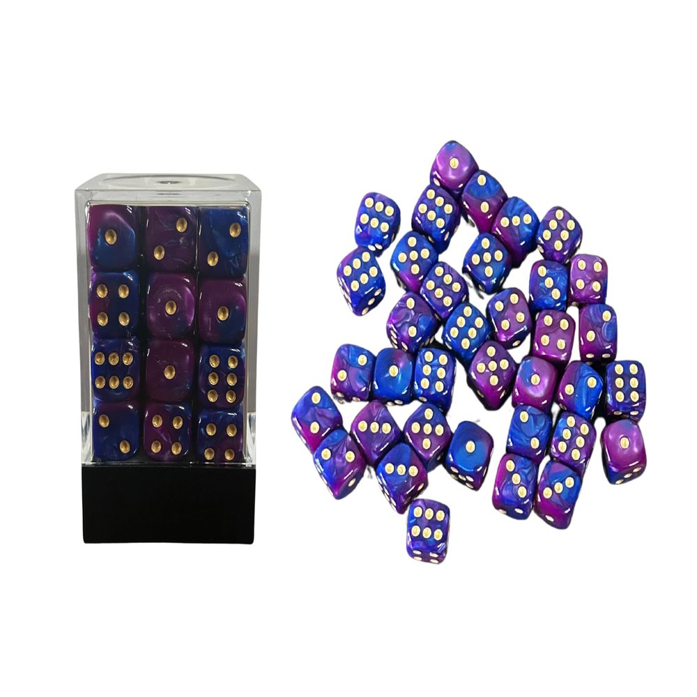 36 Dice Pack 12mm Dark Blue & Purple w/Gold Accents Rounded Edges