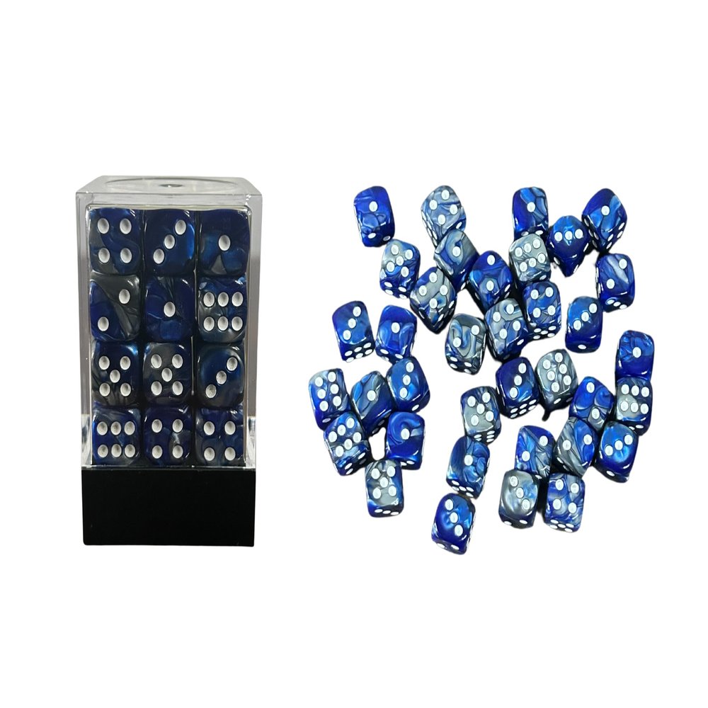 36 Dice Pack 12mm Dark Blue & Silver w/White Accents Rounded Edges