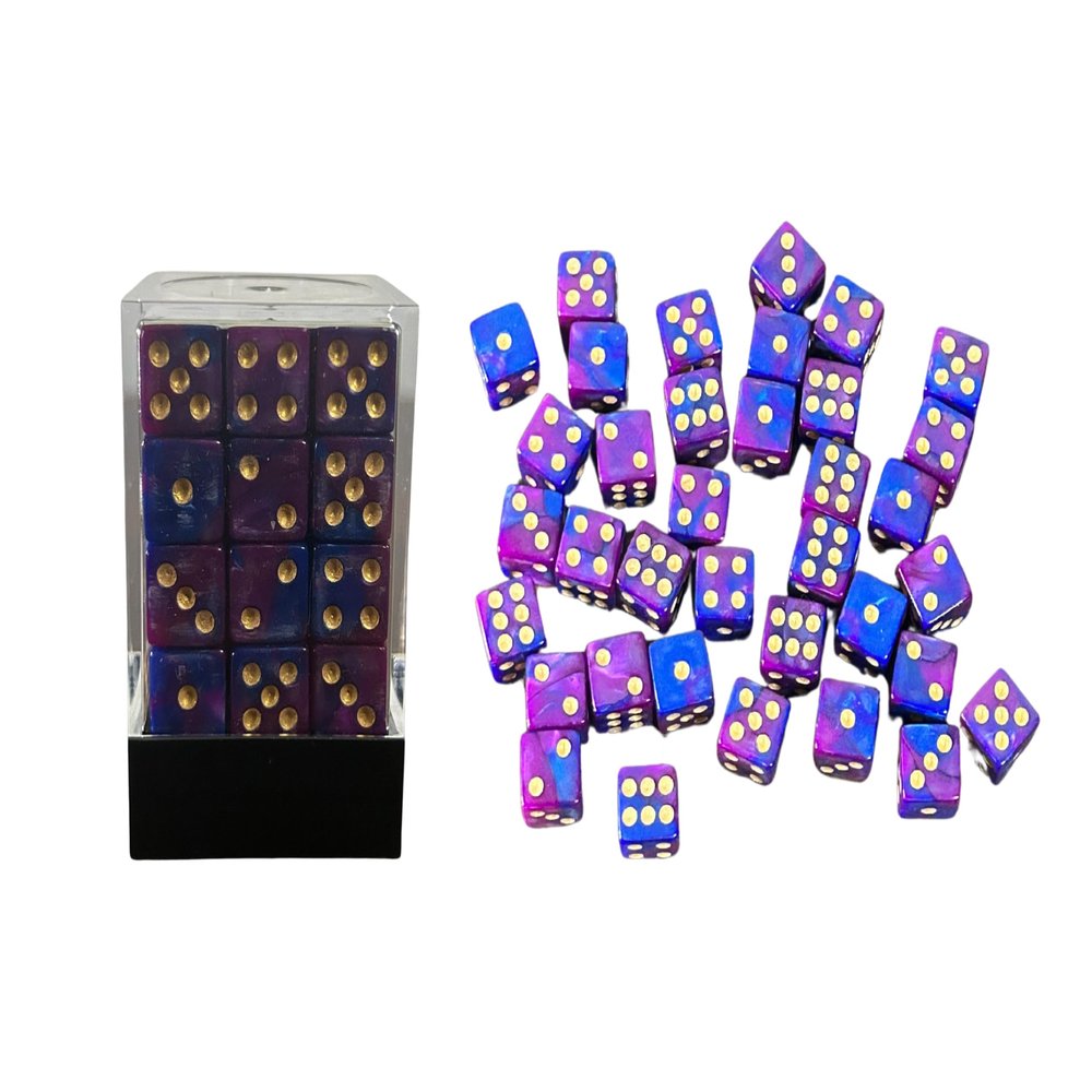 36 Dice Pack 12mm Dark Blue & Purple w/Gold Accents Square Edges