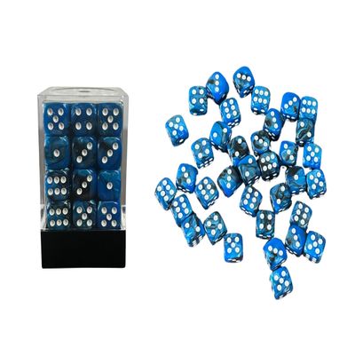 36 Dice Pack 12mm Black & Blue w/White Accents Rounded Edges