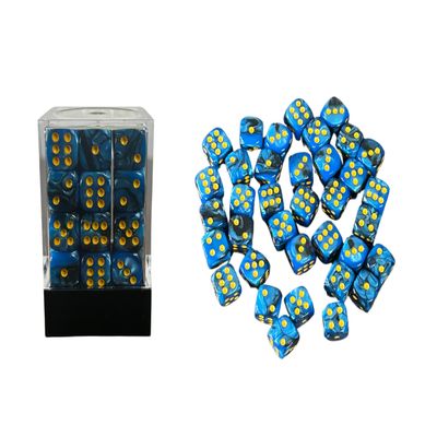 36 Dice Pack 12mm Black & Blue w/Yellow Accents Rounded Edges