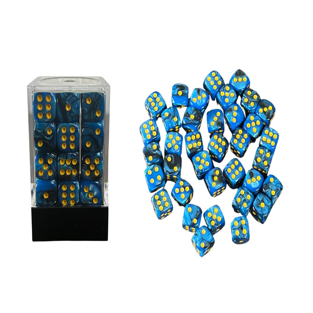 36 Dice Pack 12mm Black & Blue w/Yellow Accents Rounded Edges