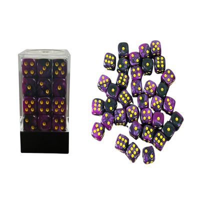 36 Dice Pack 12mm Black & Purple w/Yellow Accents Rounded Edges