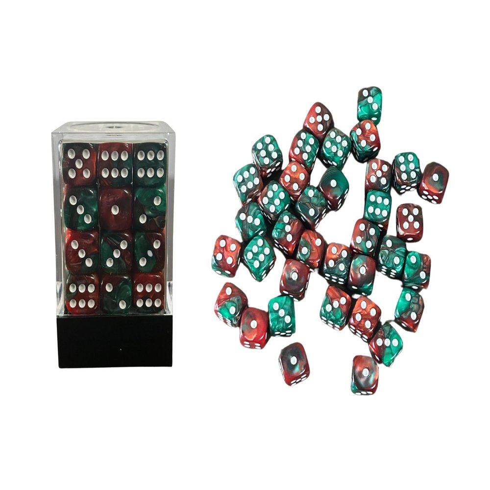 36 Dice Pack 12mm Red & Green w/White Accents Rounded Edges