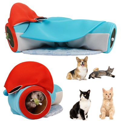 Dog Cat Tunnel Tube with Toys Foldable Detachable Washable Play Hideout Tube Cushion Rest Mat All Season S C Shape Small Medium Large Pet (Red, One Size)